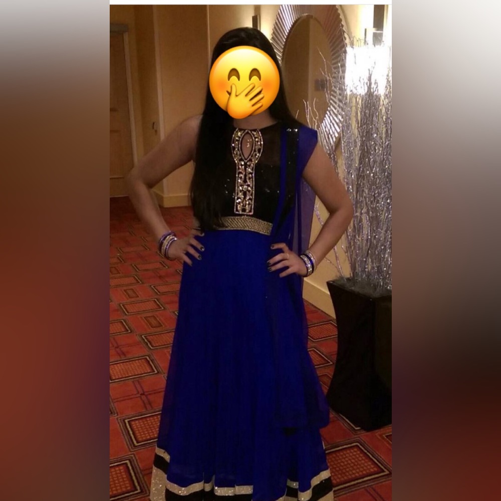 Royal blue anarkali Indian dress with black sequin and gold detailing